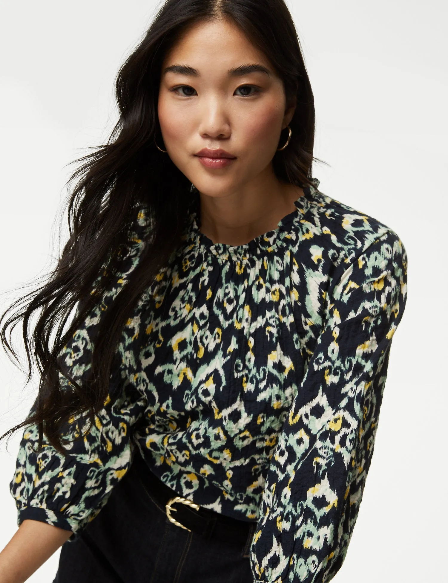 Cotton Rich Printed Blouson Sleeve Blouse