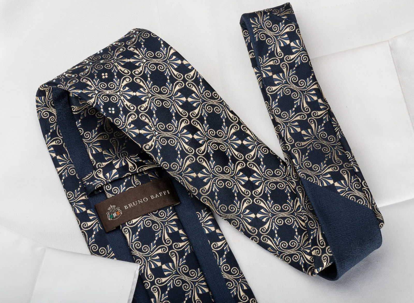 Gold Anthemion On Navy With Rhinestones Silk Necktie