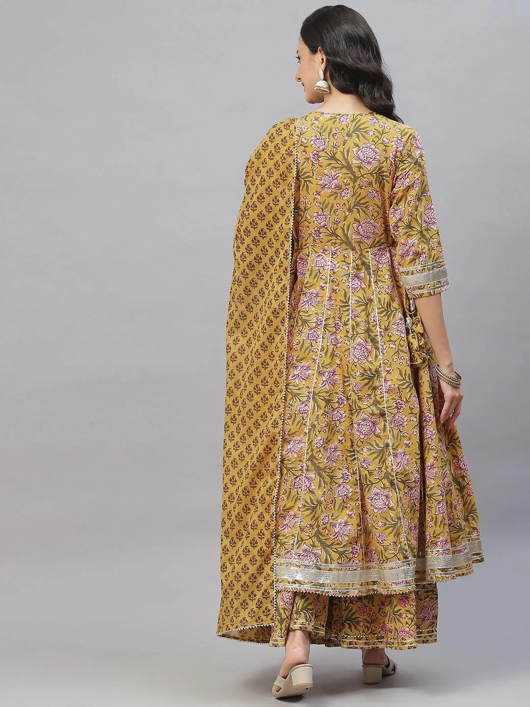 Jashvi Mustard Cotton Anarkali Kurta Palazzo Set With Dupatta