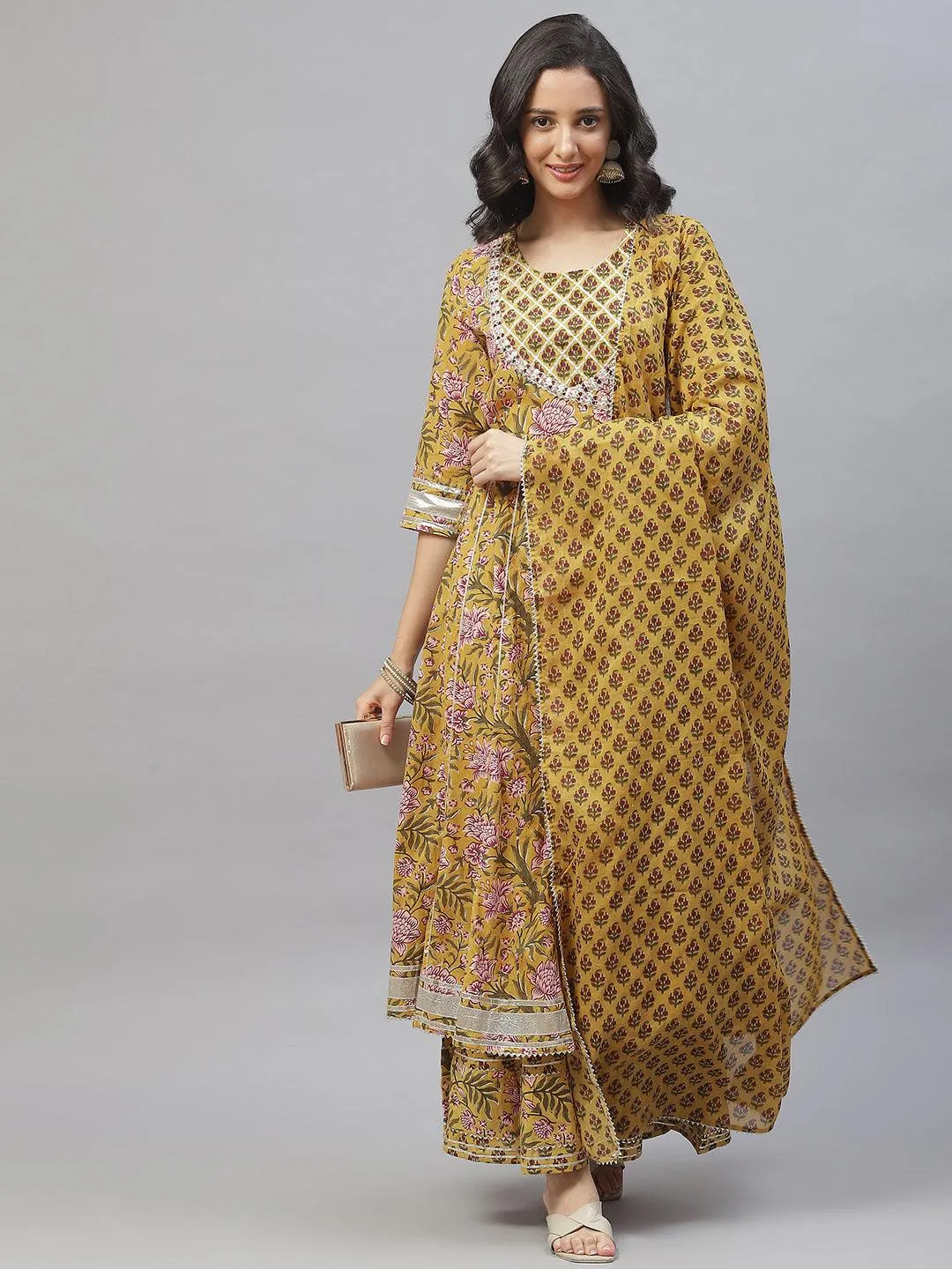 Jashvi Mustard Cotton Anarkali Kurta Palazzo Set With Dupatta