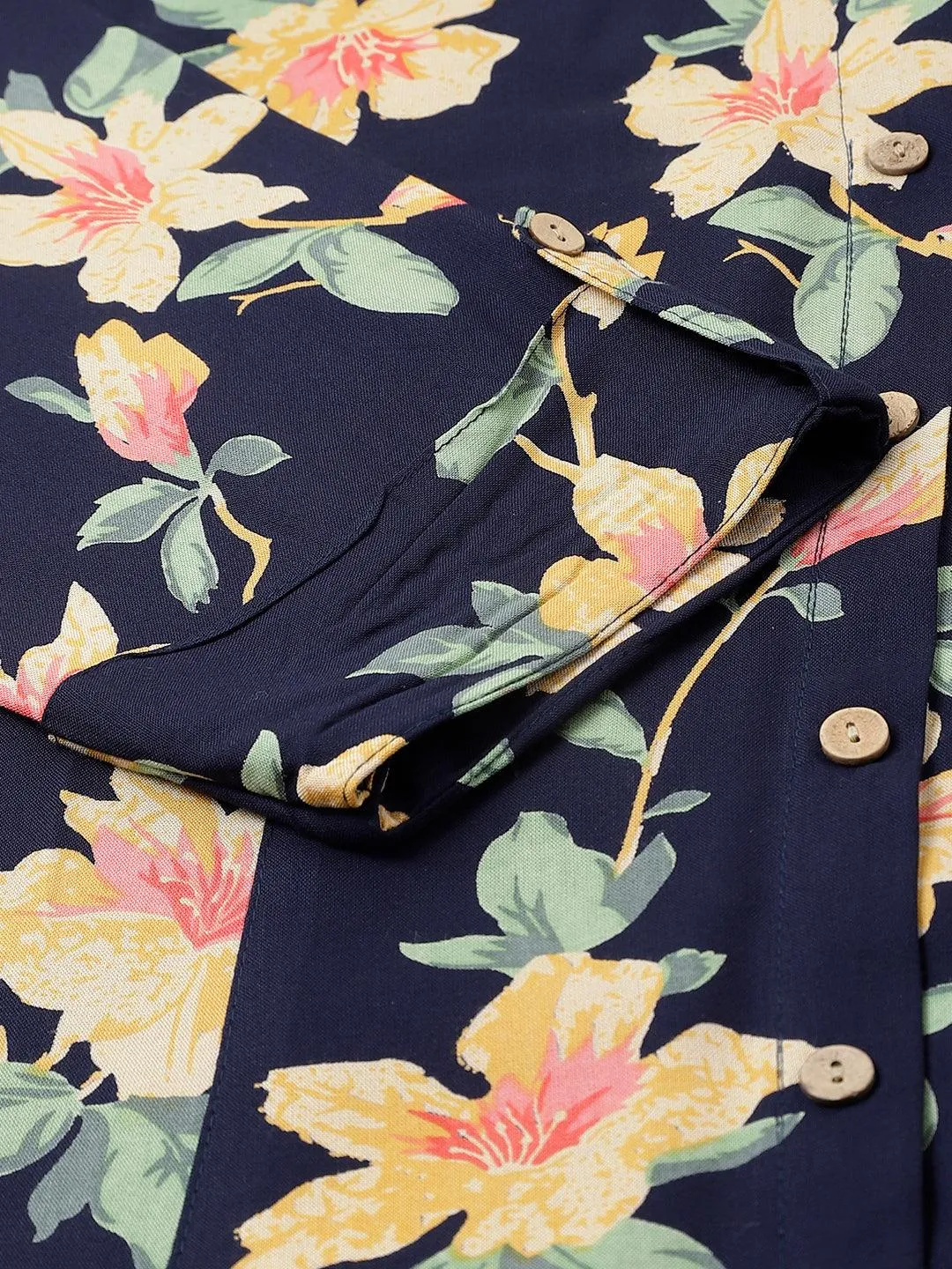 Jashvi Navy Blue Floral printed Rayon A-line Shirts Style Top